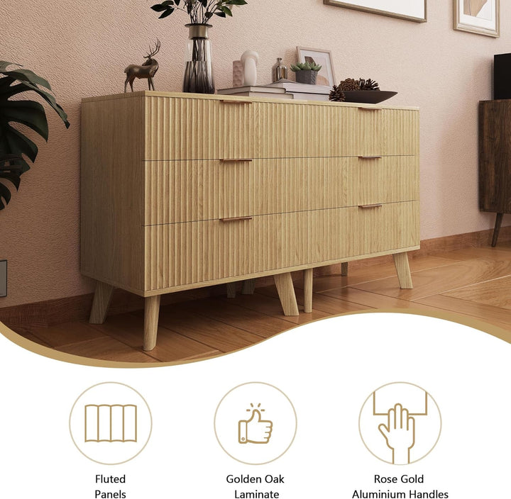 Modern Wood 3-Drawer Dresser with Fluted Wave Panel & Aluminum Handles – Stylish Storage Chest with Solid Wood Legs Peach Maple