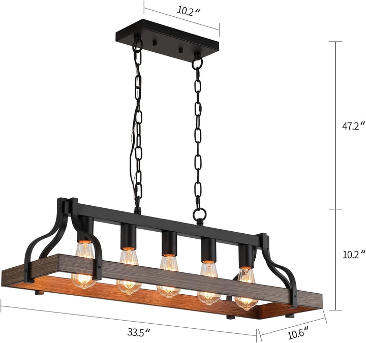 Farmhouse 5-Light Linear Chandelier for Kitchen Island – Rustic Wood Rectangle Ceiling Light Fixture, Adjustable Height, UL Listed, Dining Room Pendant Lighting Peach Maple