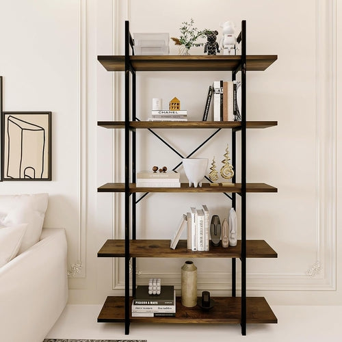 Rustic 5-Tier Bookshelf with Faux Marble Wood Shelves – Industrial Bookcase with Metal Frame and X-Brace, 31.5" Wide Ladder Shelf for Living Room, Kitchen, or Office Peach Maple