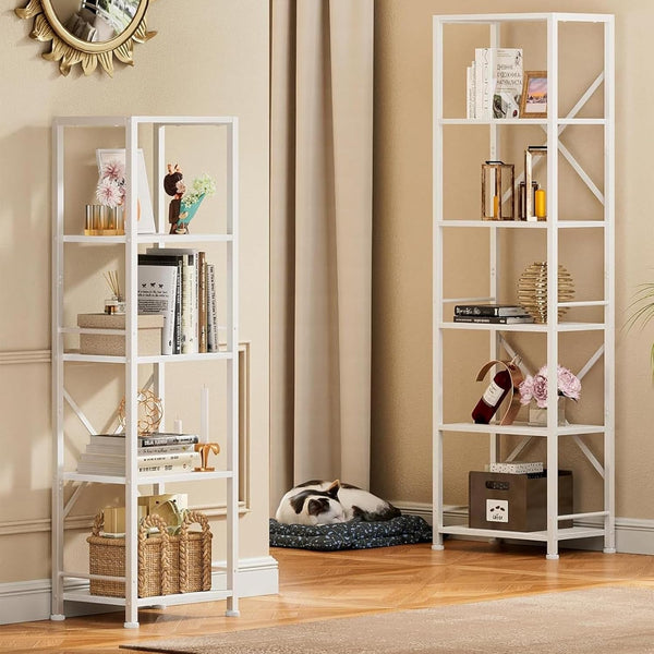 Tall White 6-Tier Narrow Bookshelf with Metal Frame – Slim Storage Rack for Living Room, Bedroom, Office & Bathroom Peach Maple