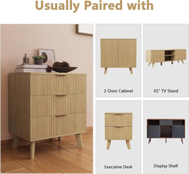 Modern Wood 3-Drawer Dresser with Fluted Wave Panel & Aluminum Handles – Stylish Storage Chest with Solid Wood Legs Peach Maple