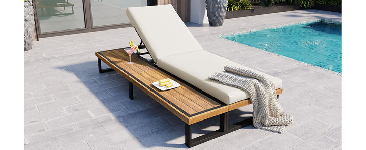 Adjustable Outdoor Chaise Lounge Chair with 5-Position Recline, Acacia Wood Frame & Thick Cushion – Poolside Recliner with Side Table, Beige Sangria Beech