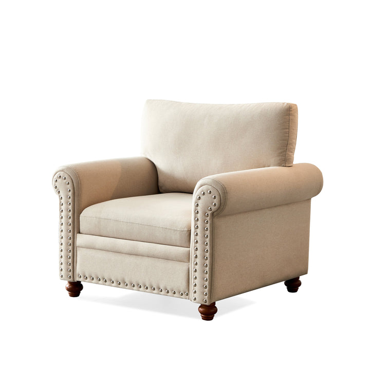 Beige Upholstered Accent Chair with Nailhead Trim – Solid Wood Frame, Thick Cushions, and Rounded Arms Sangria Beech