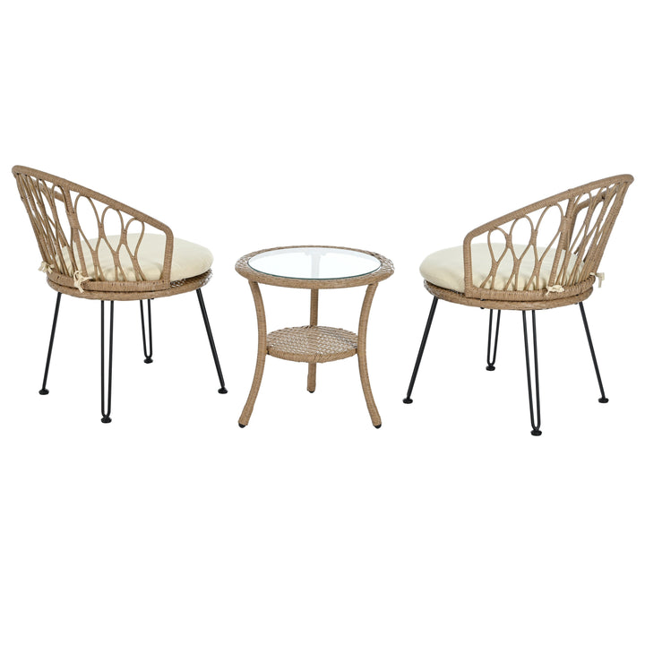 3-Piece Outdoor Bistro Set with PE Rattan Chairs & Tempered Glass Table – Beige Cushions, Lightweight Patio Conversation Set Sangria Beech