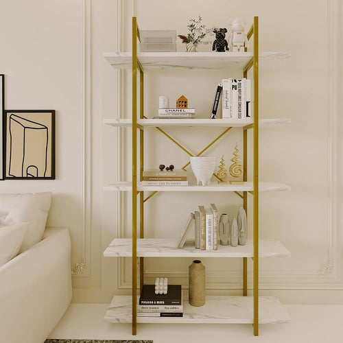 Azheruol 5-Tier White Faux Marble Bookshelf – Gold Frame Ladder Shelf for Living Room, Office, or Kitchen Peach Maple