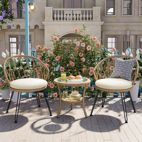 3-Piece Outdoor Bistro Set with PE Rattan Chairs & Tempered Glass Table – Beige Cushions, Lightweight Patio Conversation Set Sangria Beech