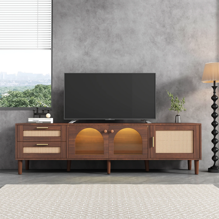Rattan inspired TV Stand with 3 Cabinets & 2 Drawers for TVs up to 80'' GH Modern Living