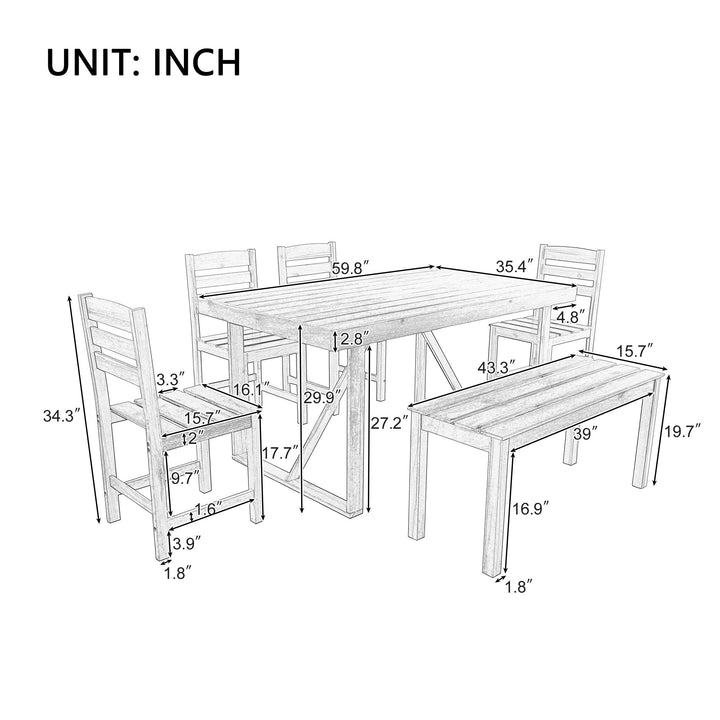 6-Piece Outdoor Acacia Wood Dining Set – Includes Table, Bench & 4 Chairs – Modern Patio Furniture for Garden, Balcony, or Deck (Brown) Sangria Beech