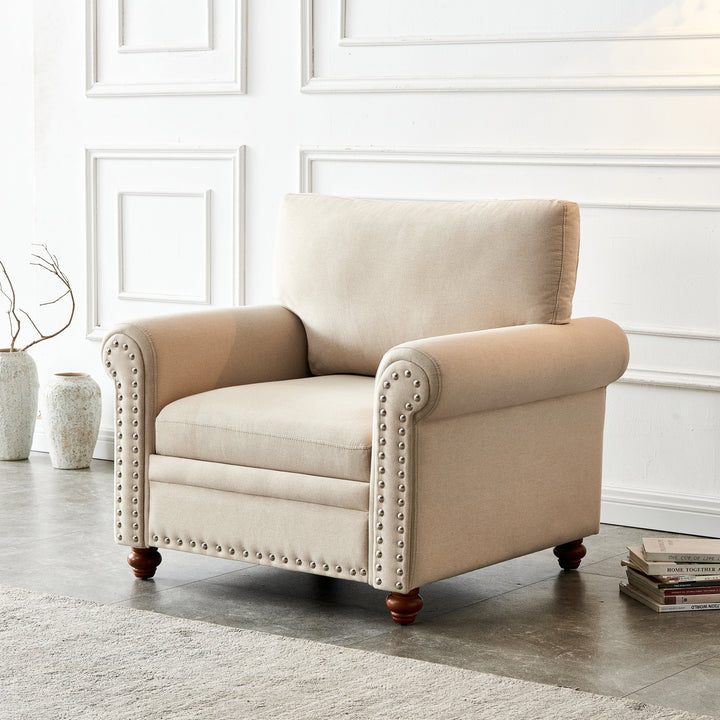 Beige Upholstered Accent Chair with Nailhead Trim – Solid Wood Frame, Thick Cushions, and Rounded Arms Sangria Beech