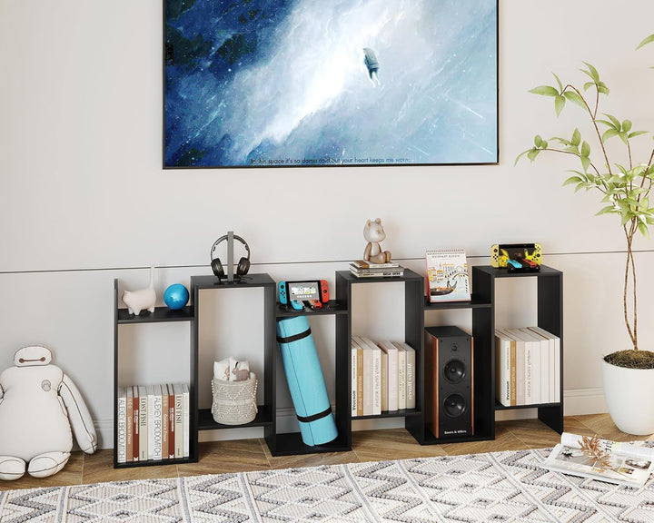 6-Tier Black S-Shaped Modern Geometric Bookshelf – Space-Saving Display & Storage Shelf Peach Maple