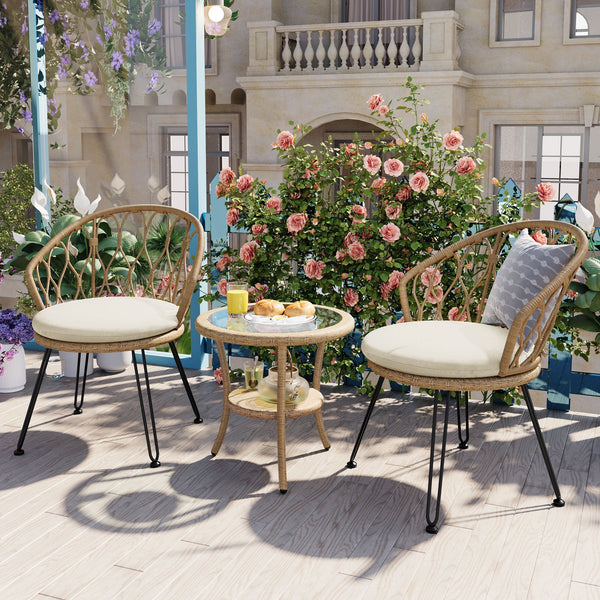 3-Piece Outdoor Bistro Set with PE Rattan Chairs & Tempered Glass Table – Beige Cushions, Lightweight Patio Conversation Set Sangria Beech