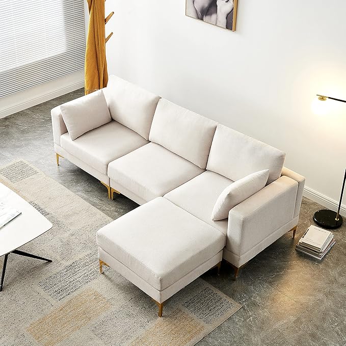 Beige L-Shaped Sectional Sofa with Ottoman – Gold Metal Legs, High-Density Foam & Removable Covers, Modern Fabric Couch for Living Room Sangria Beech