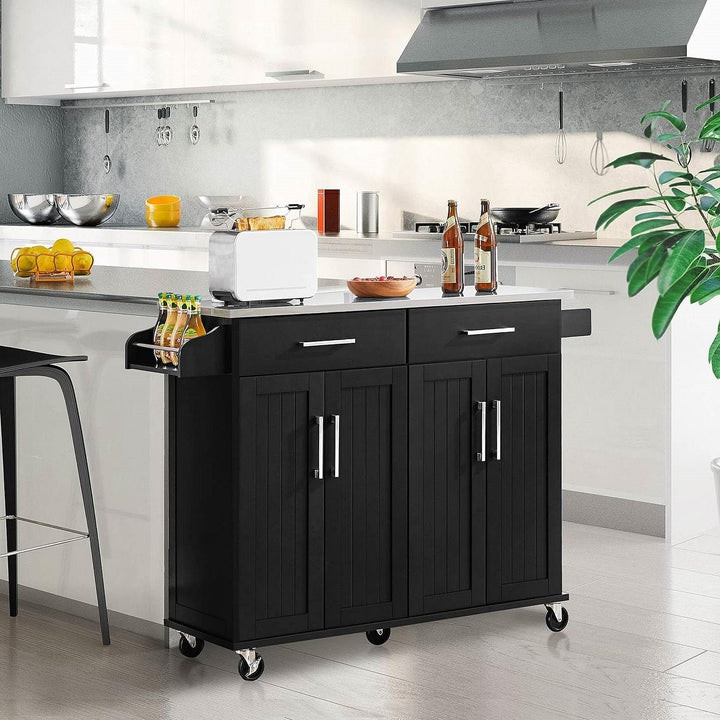 Black Kitchen Island Cart with Stainless Steel Top – Mobile Storage Cabinet with 2 Drawers, Adjustable Shelves & Wheels Yellow Crius