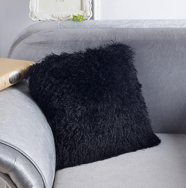 Ultra Plush Black Shaggy Throw Pillow – 18"x18" Hand-Tufted Retro Modern Decorative Accent Cushion Coral Rosemary