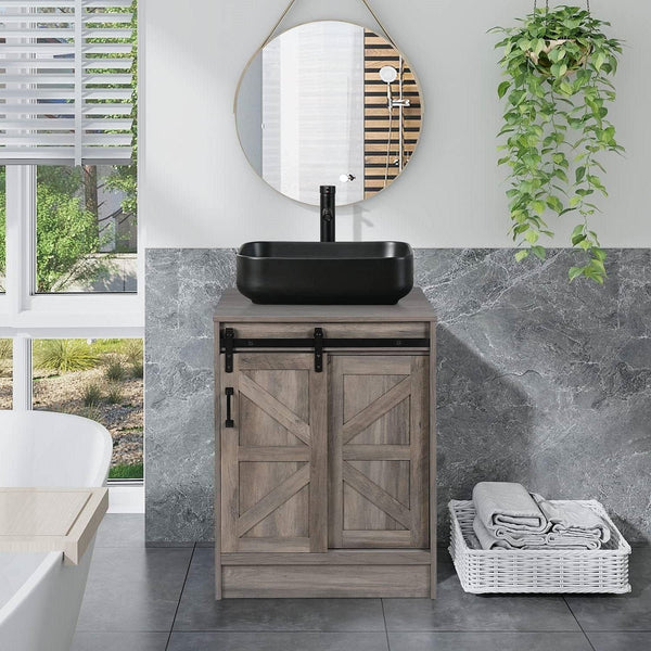 Modern Farmhouse Bathroom Vanity with Barn Wood Sliding Door and Black Ceramic Sink – Eco-MDF, Floor Mount, Durable Design Yellow Crius
