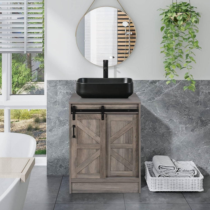 Modern Farmhouse Bathroom Vanity with Barn Wood Sliding Door and Black Ceramic Sink – Eco-MDF, Floor Mount, Durable Design Yellow Crius