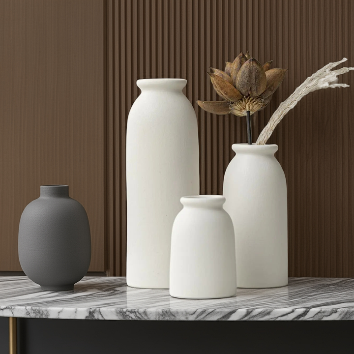 Boho Chic Ceramic Vase Trio - White Distressed Flower Vases GH Modern Living