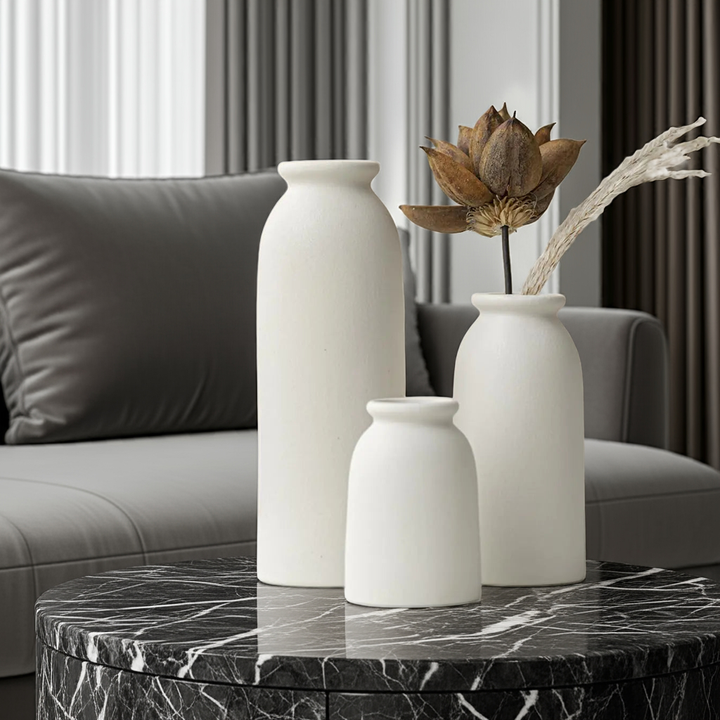 Boho Chic Ceramic Vase Trio - White Distressed Flower Vases GH Modern Living