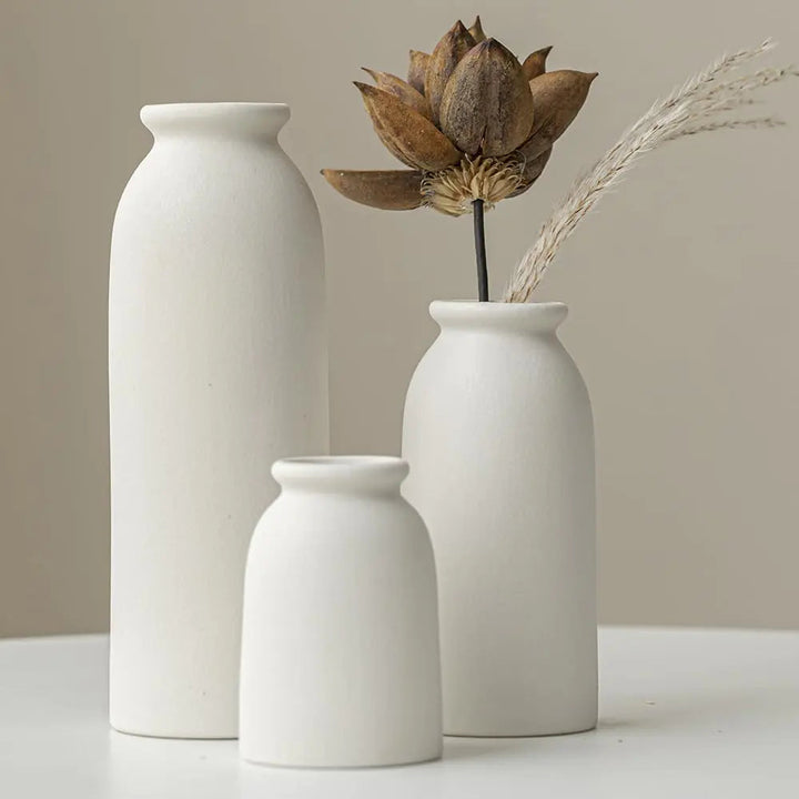 Boho Chic Ceramic Vase Trio - White Distressed Flower Vases GH Modern Living