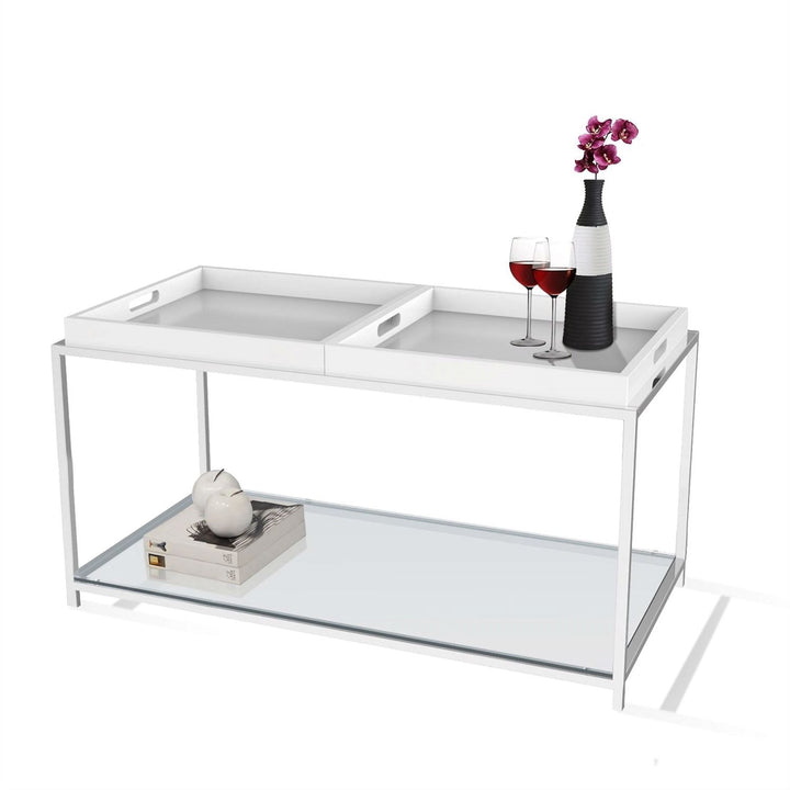 Modern Chrome Metal Coffee Table with Tempered Glass Shelves and 2 Removable White Trays – 18"x34.6", Multi-Functional Accent Table Yellow Crius