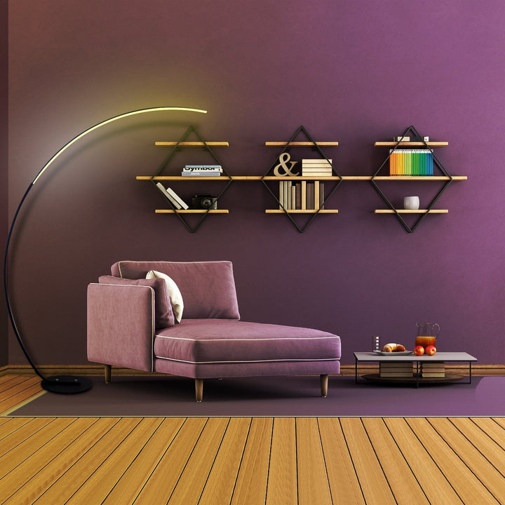 Modern RGB LED Floor Lamp – 66.9" Tall Corner Standing Lamp with 16 Million Colors, 358 Dynamic Effects, Remote Control, Dimmable Light, Black Aluminum Body Sangria Apricot