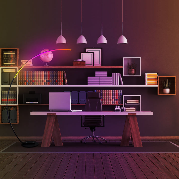 Modern RGB LED Corner Floor Lamp – 16 Million Colors, Remote Control, Dimmable Light with 358 Effects, Adjustable White (3000K–6500K), 66.9" Tall, Black Metal Sangria Apricot