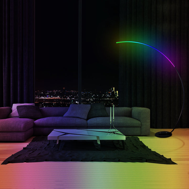 Modern RGB LED Floor Lamp – 66.9" Tall Corner Standing Lamp with 16 Million Colors, 358 Dynamic Effects, Remote Control, Dimmable Light, Black Aluminum Body Sangria Apricot