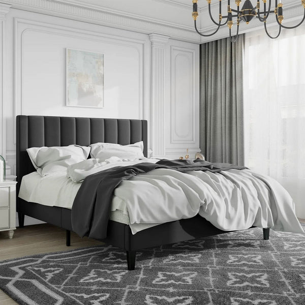 Full Size Black Velvet Upholstered Platform Bed Frame with Headboard – Sturdy Metal Frame & Plush Velvet Design Yellow Crius