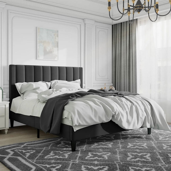 Full Size Black Velvet Upholstered Platform Bed Frame with Headboard – Sturdy Metal Frame & Plush Velvet Design Yellow Crius