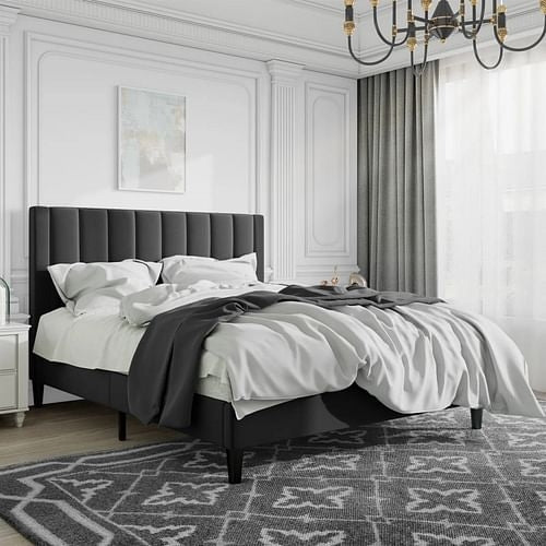 Full Size Black Velvet Upholstered Platform Bed Frame with Headboard – Sturdy Metal Frame & Plush Velvet Design Yellow Crius