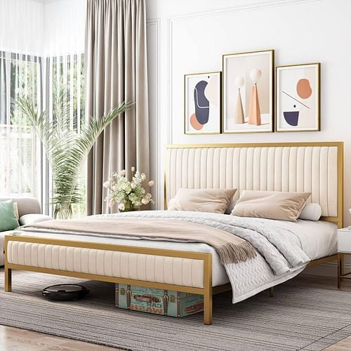Full Size Gold Metal Platform Bed Frame with Ivory White Upholstered Headboard – Modern Velvet Tufted Design, Heavy-Duty, Noise-Free, Storage Space Yellow Crius