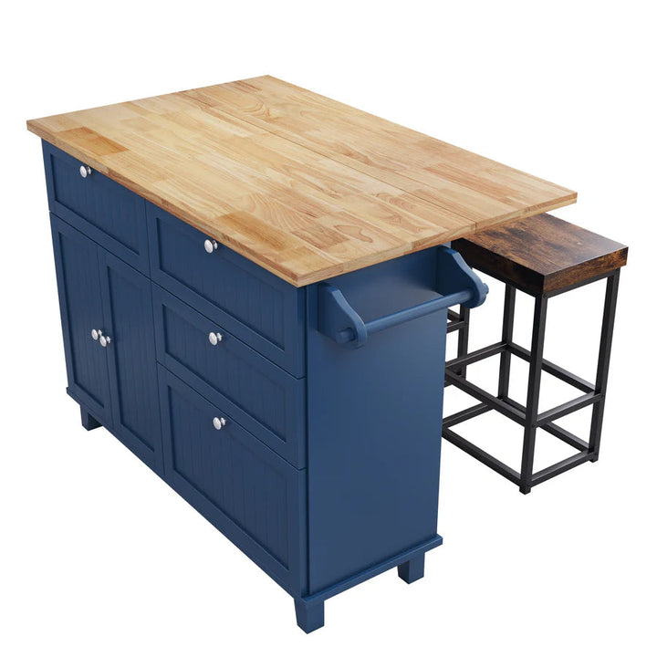 Farmhouse Kitchen Island Set with Drop Leaf Tabletop, 4 Drawers & Adjustable Shelf, Includes 2 Dining Stools – Blue Rubberwood & MDF Storage Island Sangria Beech