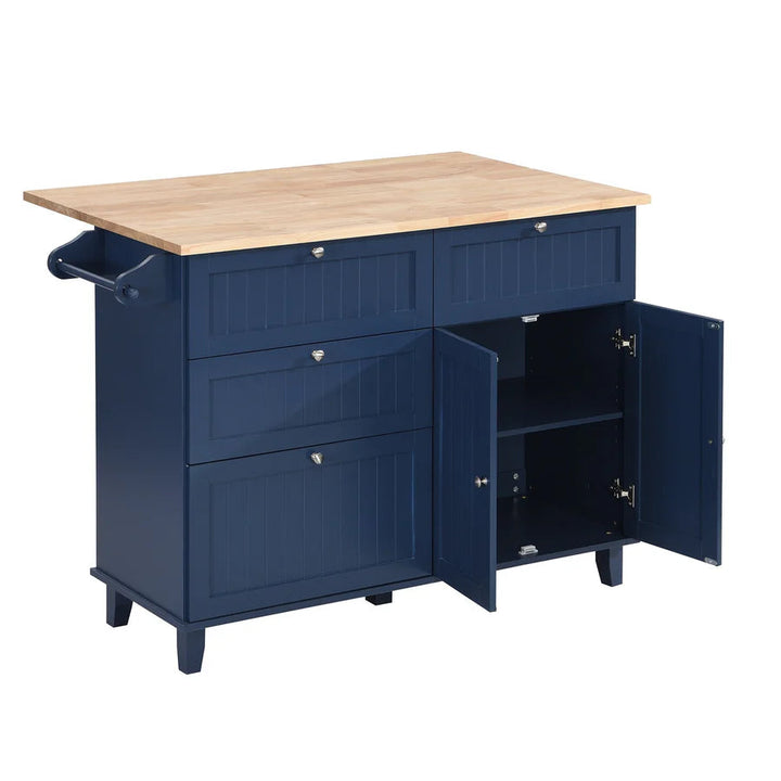 Farmhouse Kitchen Island Set with Drop Leaf Tabletop, 4 Drawers & Adjustable Shelf, Includes 2 Dining Stools – Blue Rubberwood & MDF Storage Island Sangria Beech