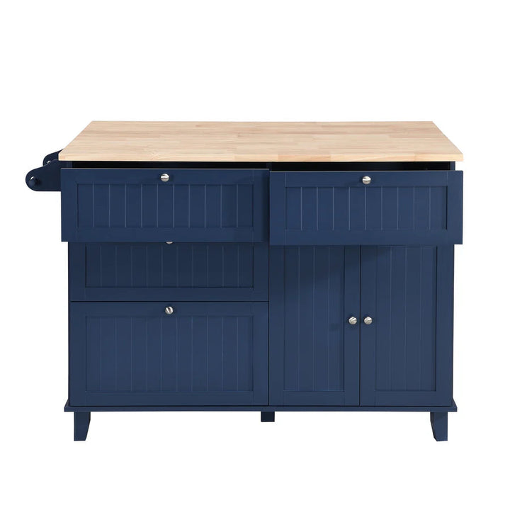 Farmhouse Kitchen Island Set with Drop Leaf Tabletop, 4 Drawers & Adjustable Shelf, Includes 2 Dining Stools – Blue Rubberwood & MDF Storage Island Sangria Beech