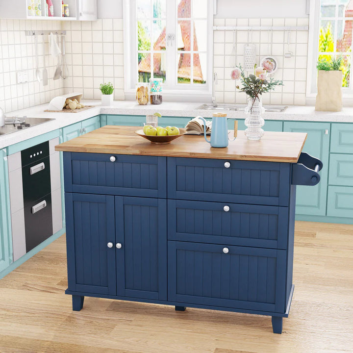 Farmhouse Kitchen Island Set with Drop Leaf Tabletop, 4 Drawers & Adjustable Shelf, Includes 2 Dining Stools – Blue Rubberwood & MDF Storage Island Sangria Beech