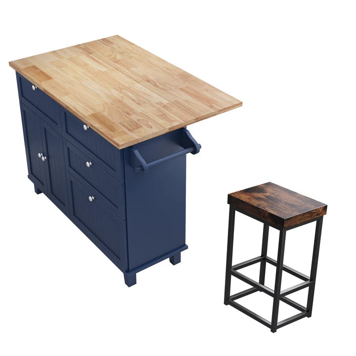 Farmhouse Kitchen Island Set with Drop Leaf Tabletop, 4 Drawers & Adjustable Shelf, Includes 2 Dining Stools – Blue Rubberwood & MDF Storage Island Sangria Beech