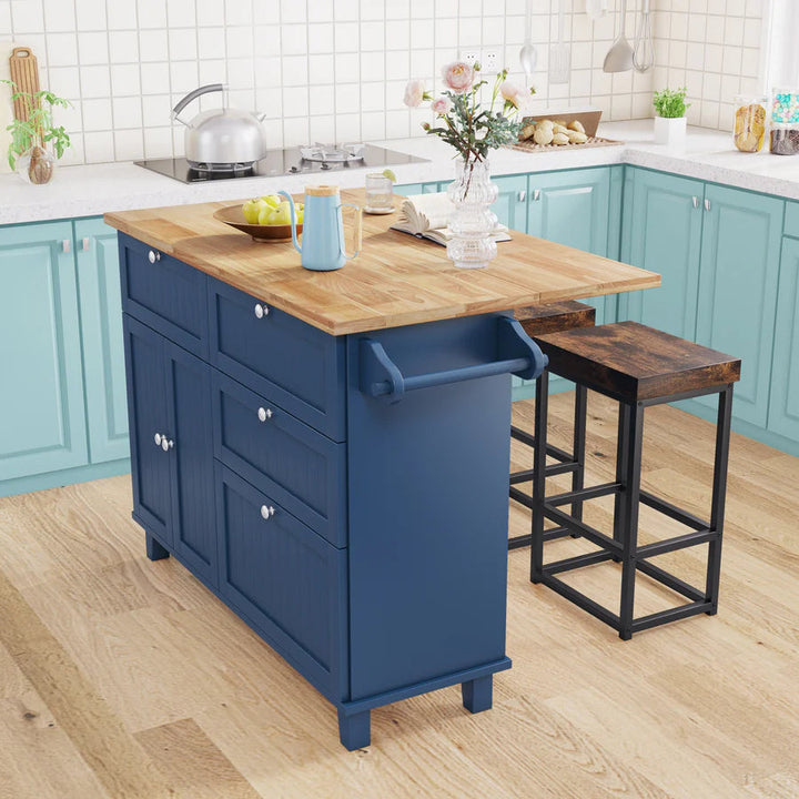 Farmhouse Kitchen Island Set with Drop Leaf Tabletop, 4 Drawers & Adjustable Shelf, Includes 2 Dining Stools – Blue Rubberwood & MDF Storage Island Sangria Beech