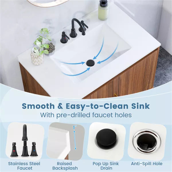 Modern Walnut Wood Bathroom Vanity with White SMC Sink, Stainless Steel Faucet & Ample Storage – 31” Vanity Cabinet with Pop-Up Drain and Anti-Toppling Safety Yellow Crius