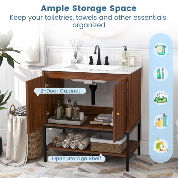 Modern Walnut Wood Bathroom Vanity with White SMC Sink, Stainless Steel Faucet & Ample Storage – 31” Vanity Cabinet with Pop-Up Drain and Anti-Toppling Safety Yellow Crius