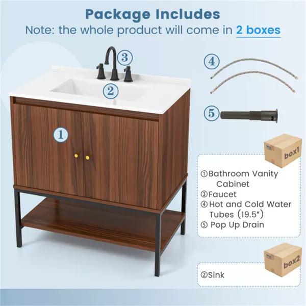 Modern Walnut Wood Bathroom Vanity with White SMC Sink, Stainless Steel Faucet & Ample Storage – 31” Vanity Cabinet with Pop-Up Drain and Anti-Toppling Safety Yellow Crius