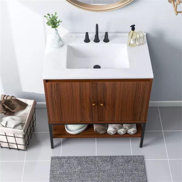 Modern Walnut Wood Bathroom Vanity with White SMC Sink, Stainless Steel Faucet & Ample Storage – 31” Vanity Cabinet with Pop-Up Drain and Anti-Toppling Safety Yellow Crius