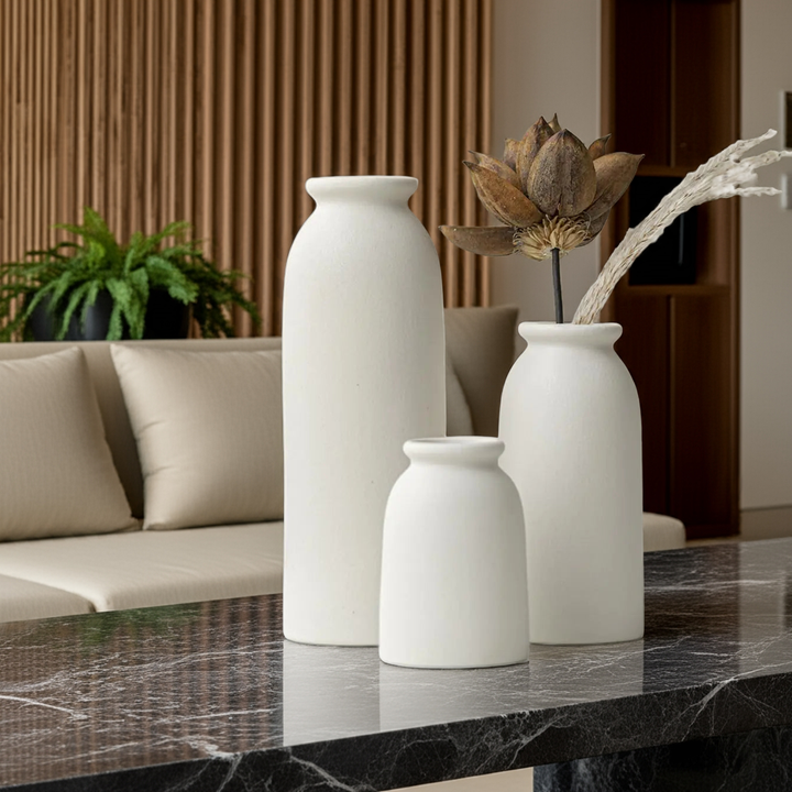 Boho Chic Ceramic Vase Trio - White Distressed Flower Vases GH Modern Living