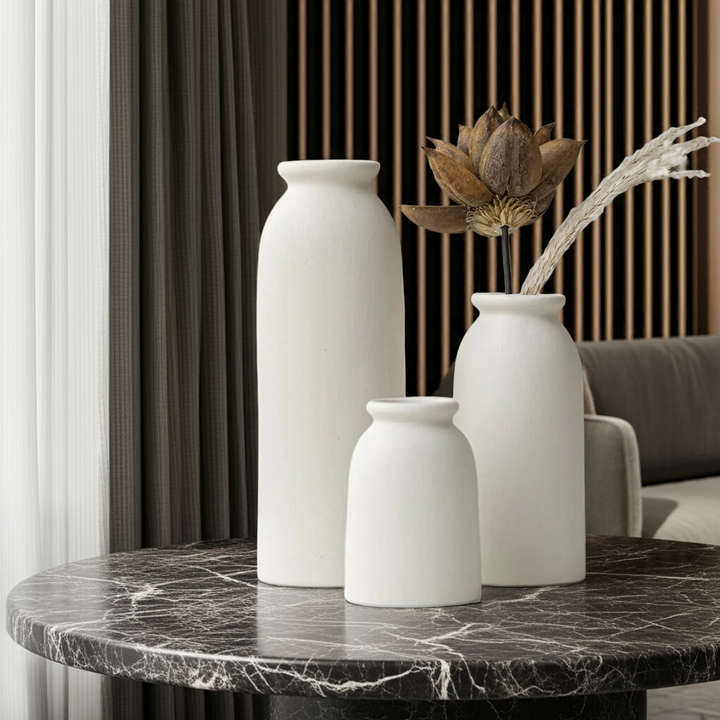 Boho Chic Ceramic Vase Trio - White Distressed Flower Vases GH Modern Living