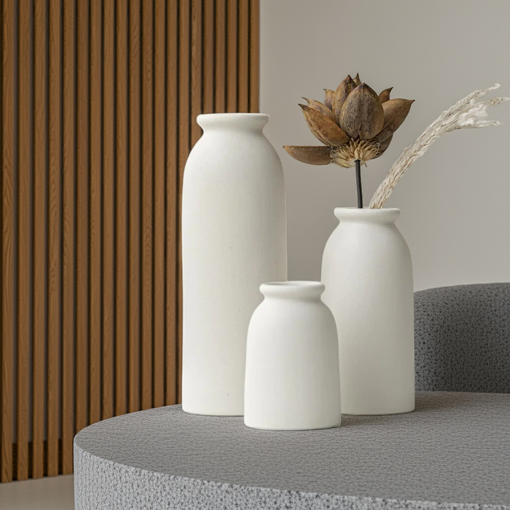 Boho Chic Ceramic Vase Trio - White Distressed Flower Vases GH Modern Living