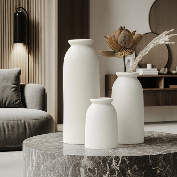 Boho Chic Ceramic Vase Trio - White Distressed Flower Vases GH Modern Living