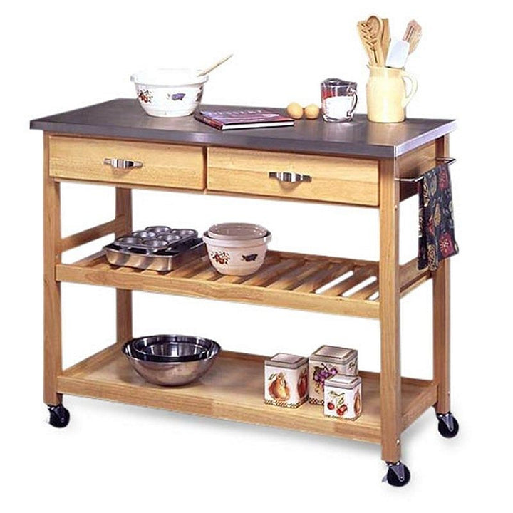 Stainless Steel Top Kitchen Cart with Locking Wheels, 2 Drawers & 2 Shelves – Portable Utility Table with Towel Rack and Side Storage Yellow Crius