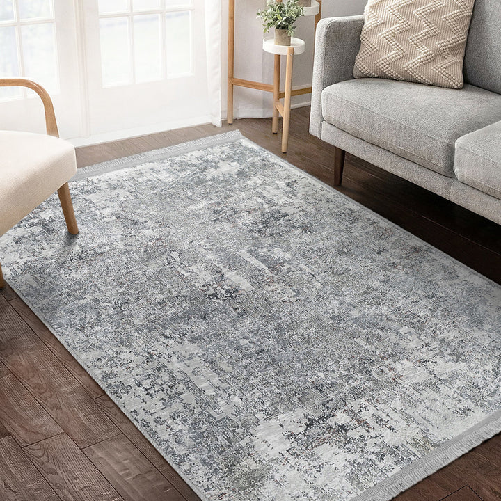 Grey Washable Bedroom Area Rug with Fringes – Machine-Washable, Anti-Allergic Cotton-Poly Blend, Non-Slip Base, OEKO-TEX Certified Copper Hera