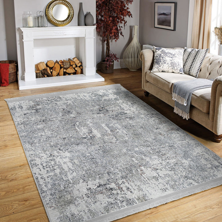 Grey Washable Bedroom Area Rug with Fringes – Machine-Washable, Anti-Allergic Cotton-Poly Blend, Non-Slip Base, OEKO-TEX Certified Copper Hera