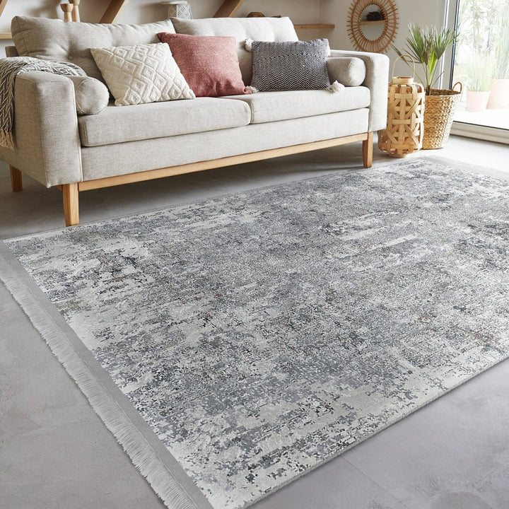 Grey Washable Bedroom Area Rug with Fringes – Machine-Washable, Anti-Allergic Cotton-Poly Blend, Non-Slip Base, OEKO-TEX Certified Copper Hera