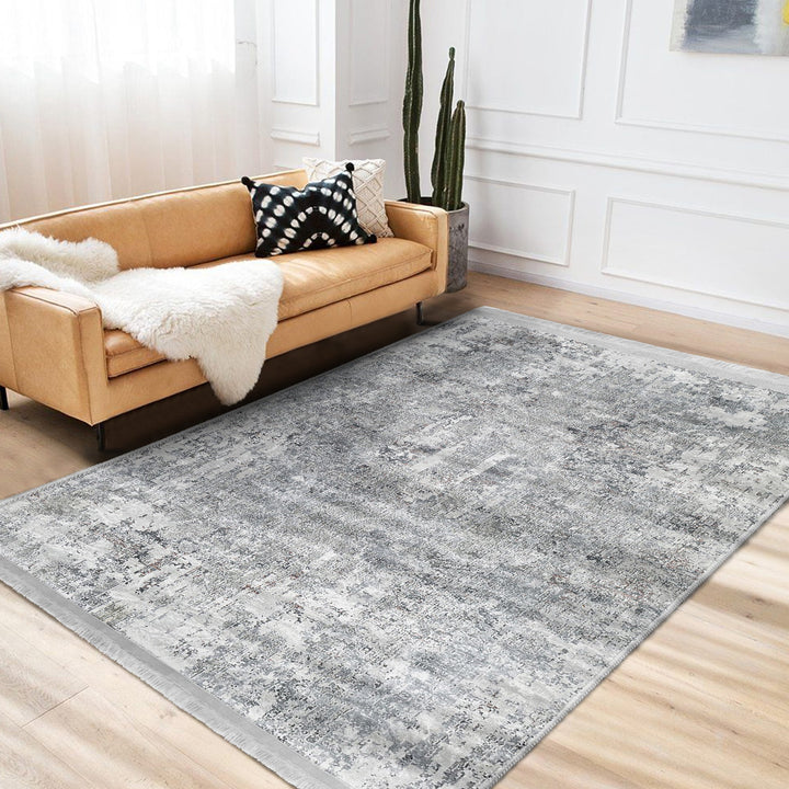 Grey Washable Bedroom Area Rug with Fringes – Machine-Washable, Anti-Allergic Cotton-Poly Blend, Non-Slip Base, OEKO-TEX Certified Copper Hera